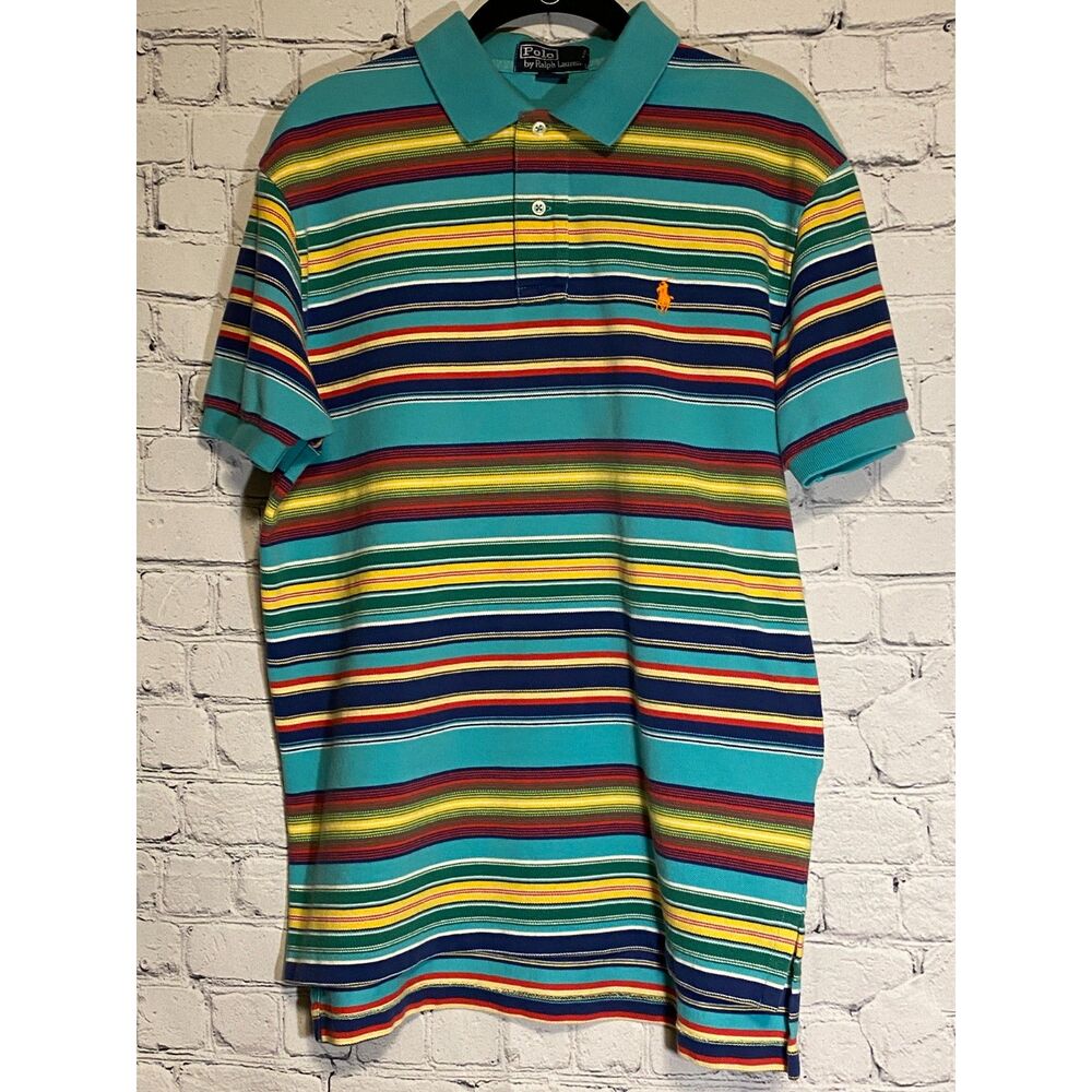 Polo by Ralph Lauren Men's Polo Shirt Size M Multicolor Stripes with Orange Logo